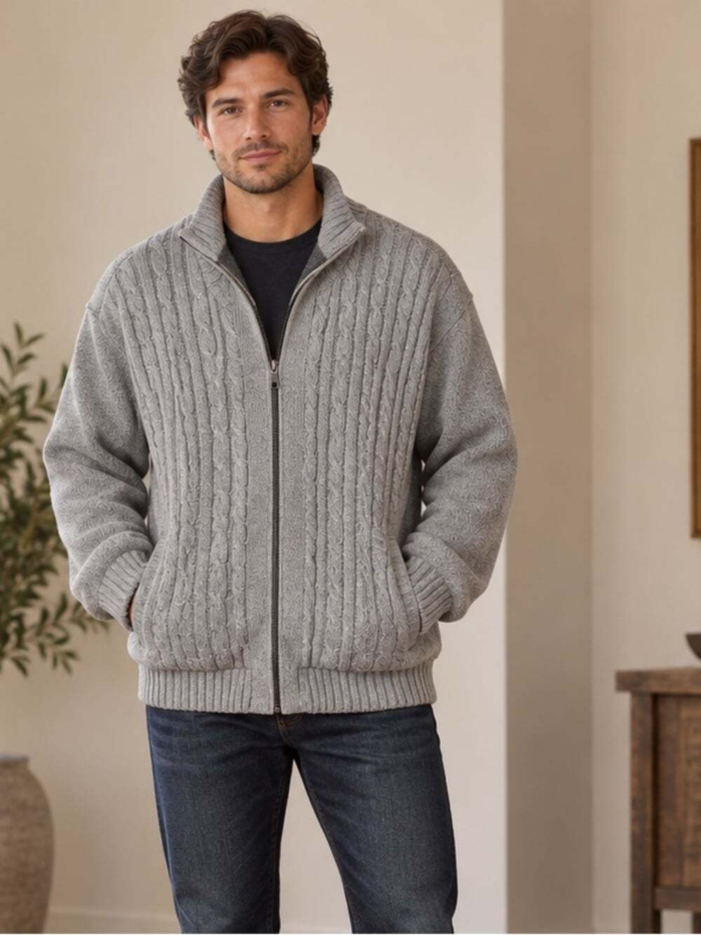 Emanuel Ungaro Men’s Cable Knit Fleece-Lined Zip Cardigan Jacket XXL